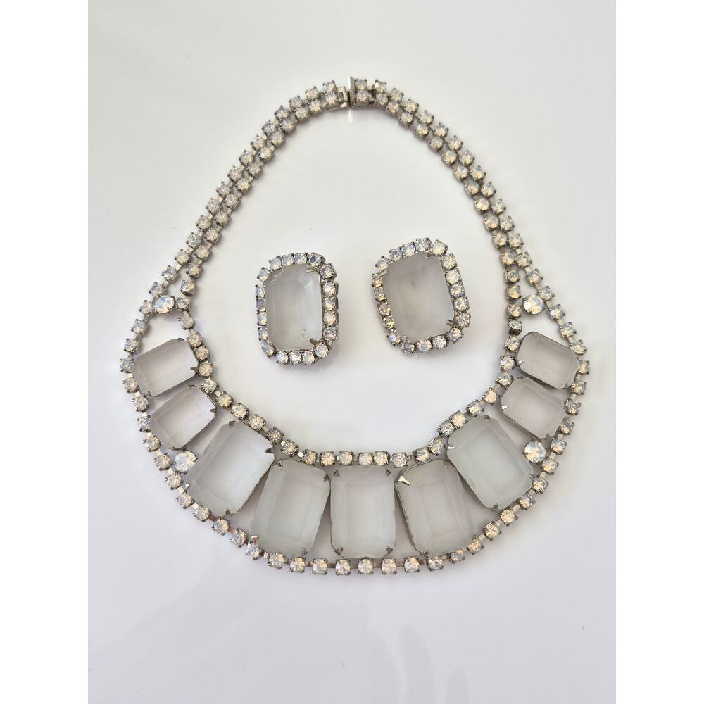Vintage Frosted Rhinestone and Faux Opal Choker Necklace and Earring Set